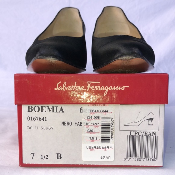 Salvatore Ferragamo “Boemia,” Black Silk Like Fabric, 2.75” Lucite Heel w/Lace - Picture 11 of 16